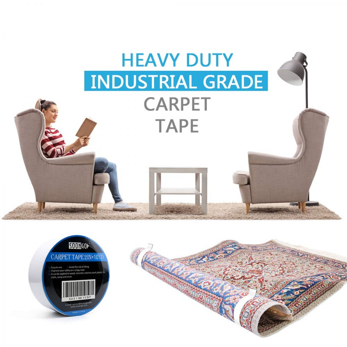 SOON GO Double Sided Carpet Tape 2 Inch x 10 Yards Rug Gripper Heavy